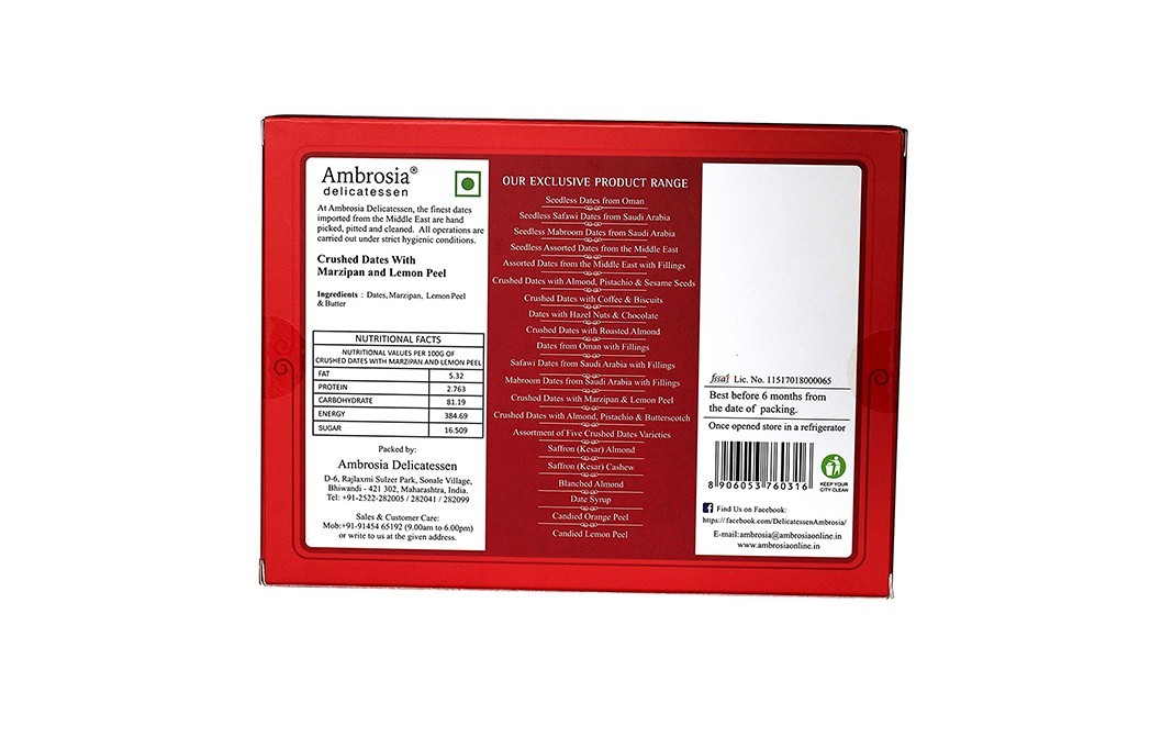 Ambrosia Delicatessen Crushed Dates With Marzipan and Lemon Peel   Box  250 grams